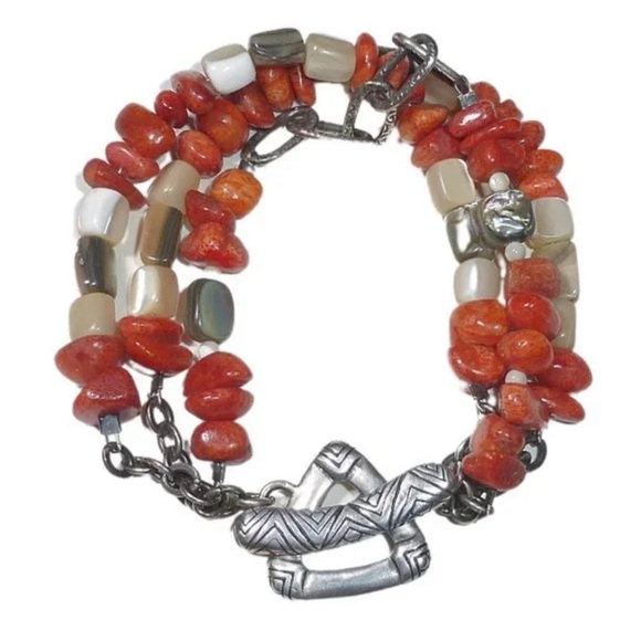 Silpada Red Coral and Abalone Multi Strand Bracelet SS Toggle Clasp RETIRED - Picture 2 of 4